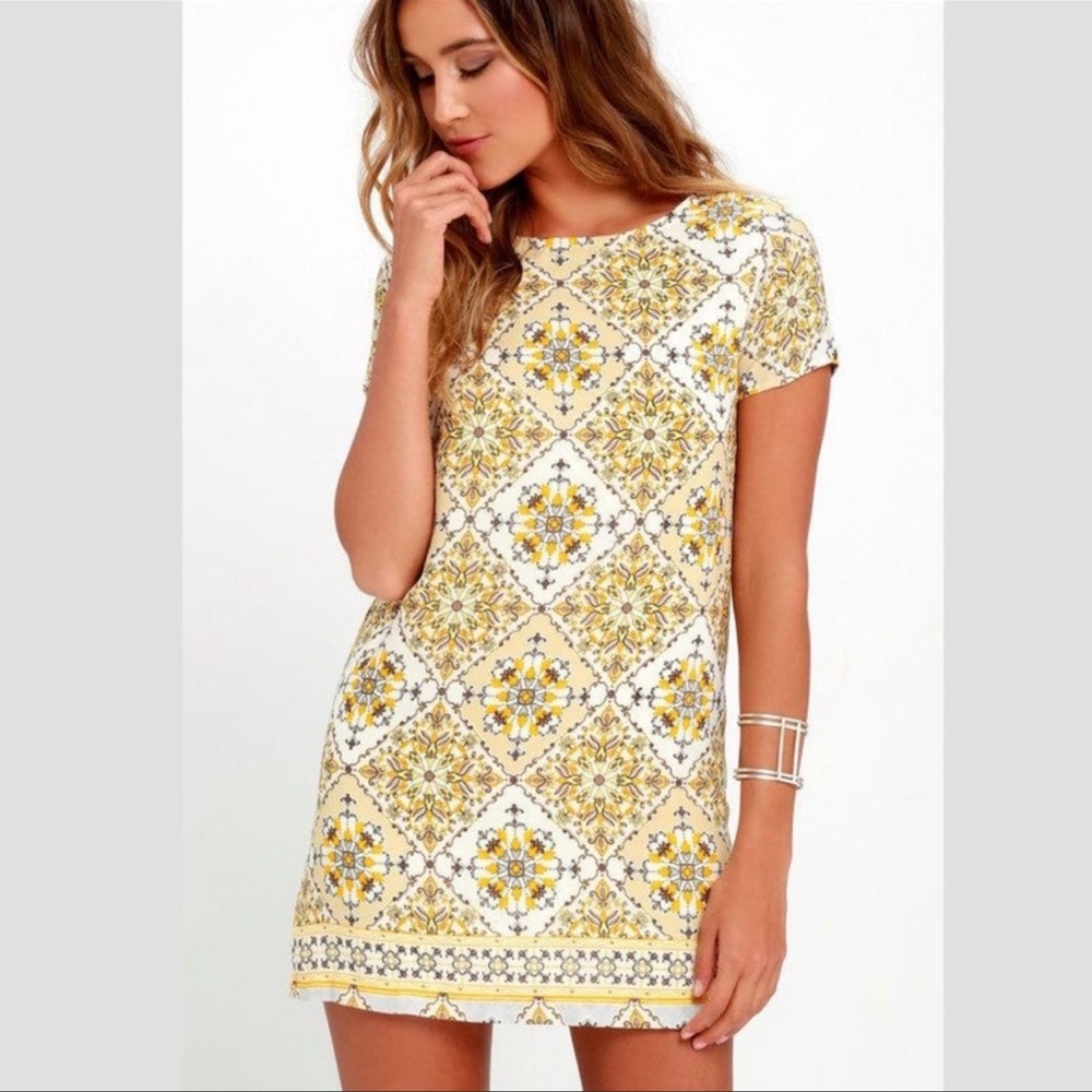 Lulus Yellow Print Mini Dress - M